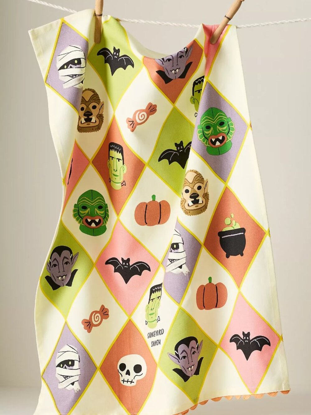 Anthropologie Monster Mash Halloween Dish Towel New MCM Retro Creature Cotton